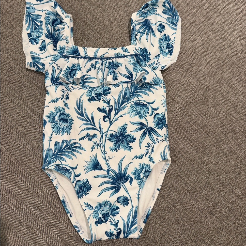 Janie and Jack White One-Piece Swimsuit with Blue Floral Print